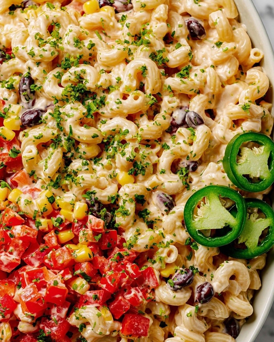 Mexican Macaroni Salad Recipe - Recipe Image — Mexican Macaroni Salad, Mexican Macaroni Salad recipe, Mexican pasta salad, vibrant Mexican egg salad, zesty pasta salad