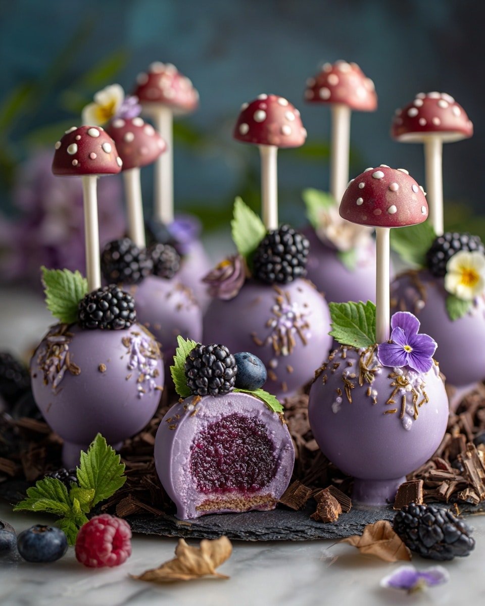 Forbidden Forest Blackberry Cheesecake Pops Recipe - Recipe Image — Forbidden Forest Blackberry Cheesecake Pops, blackberry cheesecake pops recipe, chocolate-coated cheesecake pops, berry cheesecake dessert, easy cheesecake pops