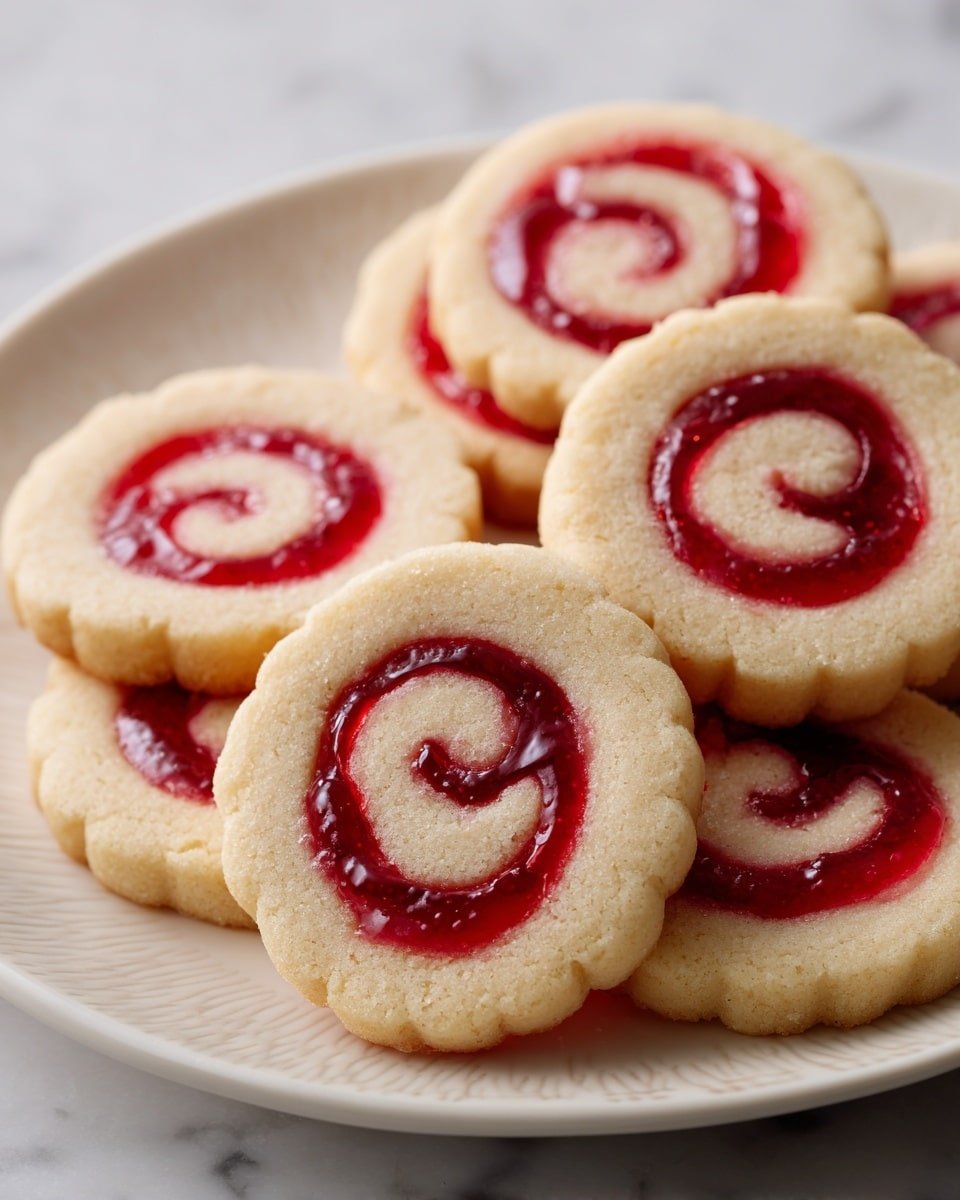 The image shows several round cookies with scalloped edges placed on a white plate with a subtle pattern. Each cookie has two layers: a pale golden dough base with a smooth texture and a bright red jelly swirl spiraling from the center to the edges. The cookies are arranged close together, with some overlapping, on a surface with a white marbled texture. The red jelly layer is shiny and slightly translucent, contrasting with the matte dough layer. photo taken with an iphone --ar 4:5 --v 7 — Raspberry Swirl Shortbread Cookies, raspberry shortbread recipe, buttery raspberry cookies, easy shortbread with raspberry jam, homemade raspberry treats