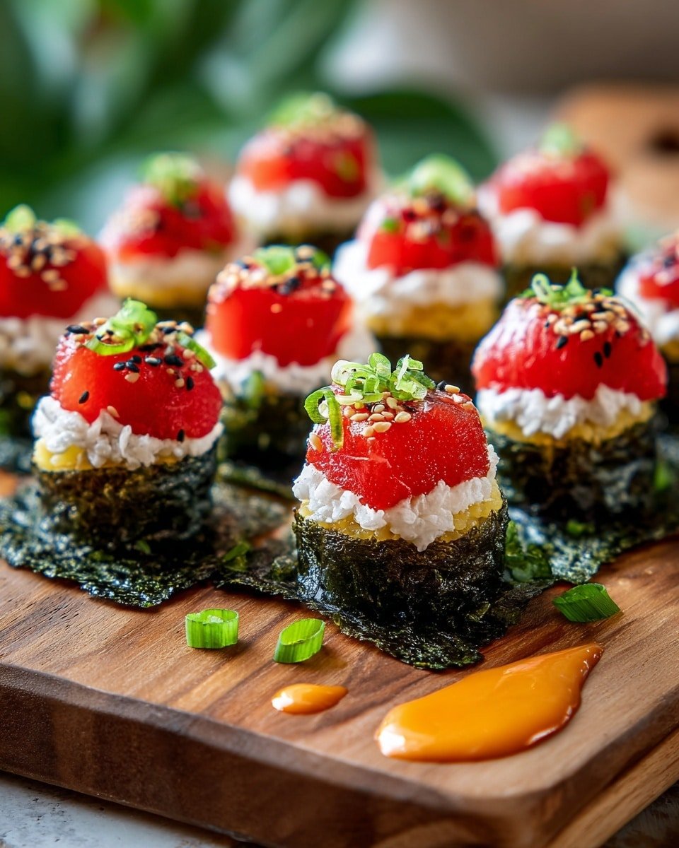 The image shows many small round rice balls arranged on pieces of dark green seaweed sheets, placed on a wooden board. Each rice ball has three layers: a bottom layer of yellow textured rice, a middle layer of white cream, and a top layer of bright red diced fish. The red fish is sprinkled with sesame seeds and small green onion pieces. Additional green onion pieces are scattered on the wooden board around the rice balls. There is an orange sauce on the seaweed near the front right of the image. The background is softly blurred with green leaves. photo taken with an iphone --ar 4:5 --v 7 — Crispy Rice and Spicy Tuna Bites, crispy rice appetizer, spicy tuna sushi bites, crispy rice recipes, flavorful tuna canapés