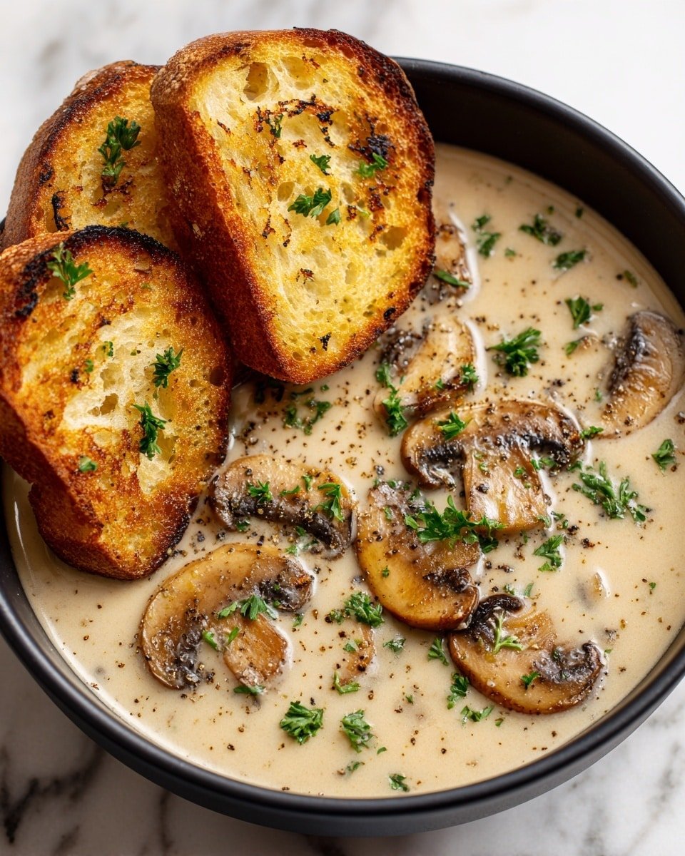 A black bowl filled with creamy mushroom soup that has visible slices of brown mushrooms floating on the light beige thick soup. The soup is garnished with chopped green parsley and a sprinkle of black pepper, adding texture and color. Two toasted round pieces of bread, golden brown with some darker char marks, rest on the bowl's edge. The background features a white marbled surface. Photo taken with an iphone --ar 4:5 --v 7 — Creamy Mushroom Soup, mushroom soup recipe, comforting mushroom soup, easy mushroom soup, homemade mushroom soup