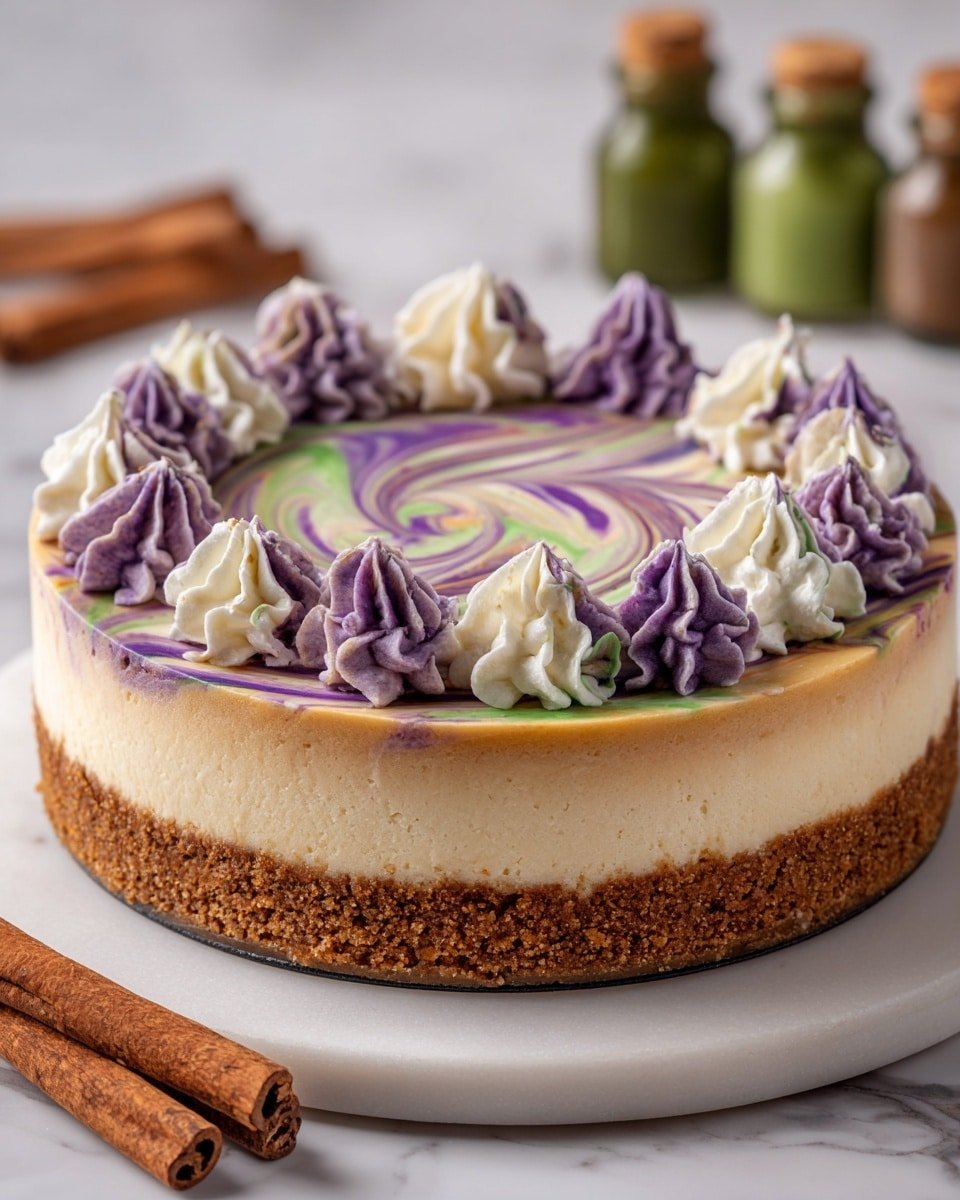Polyjuice Potion Swirl Cheesecake Recipe - Recipe Image — Polyjuice Potion Swirl Cheesecake, magical themed cheesecake recipe, colorful swirl cheesecake, Halloween themed desserts, creative cheesecake ideas