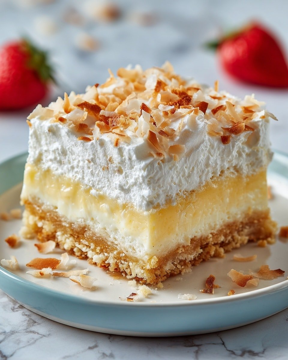 No-bake Coconut Cream Lush Recipe - Recipe Image — No-bake Coconut Cream Lush, no-bake dessert recipes, coconut layered dessert, easy tropical desserts, coconut creamy luscious dessert