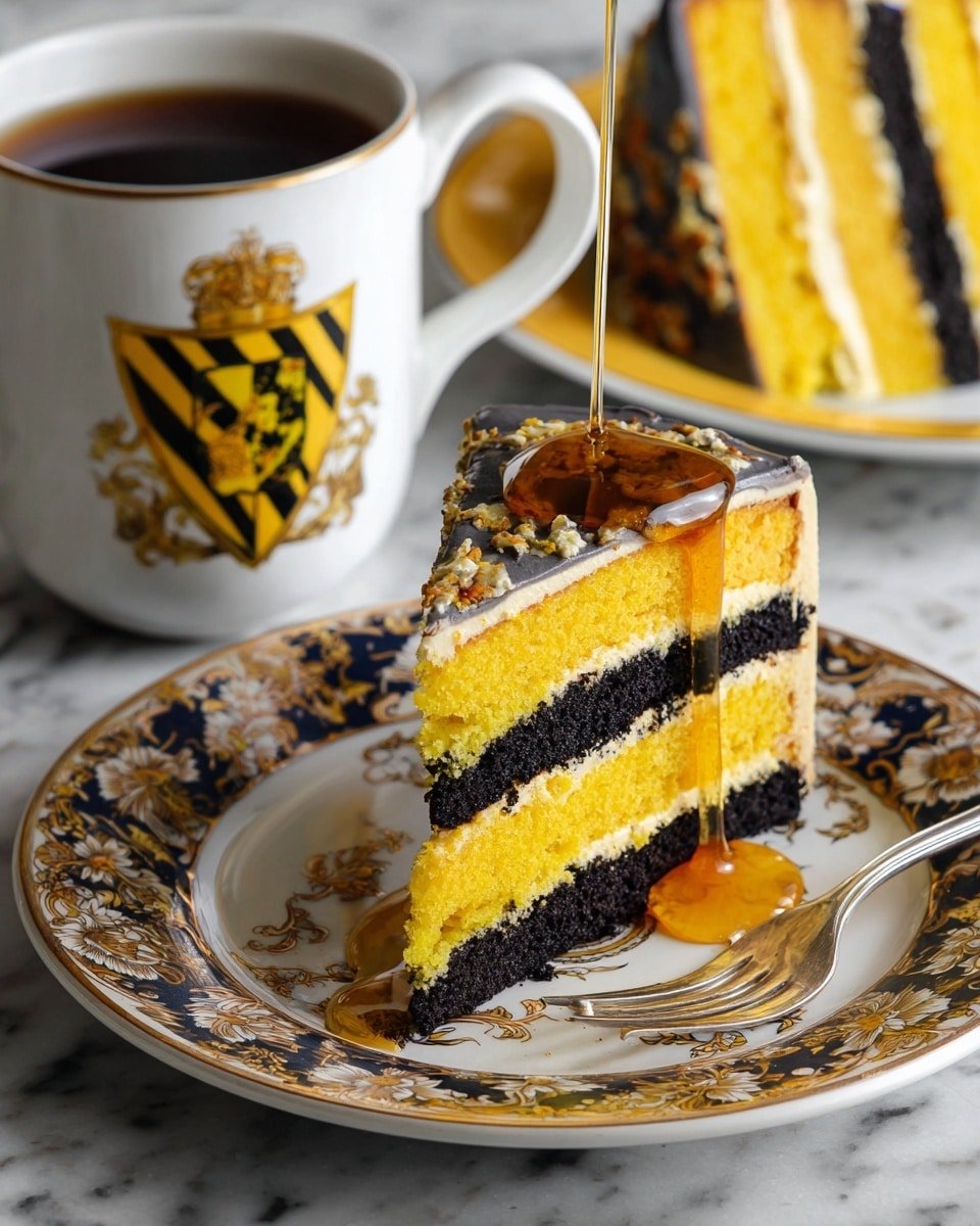 The image shows a slice of a layered cake with four bright yellow layers and three dark black layers alternating in the middle, topped with a smooth black frosting. Honey is being drizzled over the top, flowing down the side and pooling on a white plate decorated with gold and dark blue ornate patterns. A silver fork rests on the plate near the cake slice. In the background, part of the rest of the cake is visible on a white plate, and a white mug with a yellow and black crest is filled with a dark beverage. Everything is placed on a white marbled surface. photo taken with an iphone --ar 4:5 --v 7 — Homemade Hufflepuff’s Layer Cake, Hufflepuff themed cake, easy homemade layer cake, vanilla and chocolate cake, celebratory layer cake