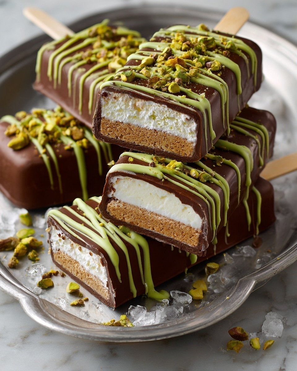 The image shows several popsicle-shaped treats laid out in a metal tray with a white marbled surface beneath. Each treat has a smooth, thick chocolate brown coating as the main layer, decorated with thin, even drizzles of bright green topping that run horizontally across the surface. Small chunks of crushed nuts are scattered on top of the green drizzle, adding a touch of rough texture and a mix of yellow and green color spots. Each popsicle is attached to a natural light wooden stick at the bottom. The scene is well-lit, highlighting the shiny finish of the chocolate and the textured nut pieces photo taken with an iphone --ar 4:5 --v 7 — Dubai Pistachio Ice Cream Bars, pistachio ice cream bars, Middle Eastern ice cream treats, homemade ice cream bars, pistachio dessert recipes