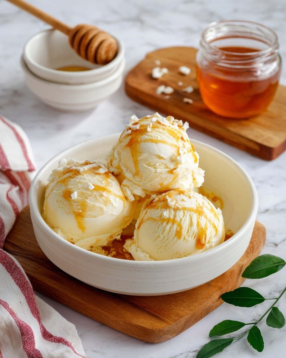 The image shows three pale yellow ice cream scoops with a soft texture in a white ceramic bowl placed on a wooden board. The scoops have light caramel-colored syrup drizzled over them and small white crumb-like toppings scattered on top. In the background, there are two more scoops of ice cream on a wooden board. A white ceramic bowl with amber honey and a wooden honey dipper resting inside is also visible, as well as a jar of honey with a wooden honey dipper near it. The setting is on a white marbled surface with a cloth featuring red stripes and a small green leaf near the wooden board. Photo taken with an iphone --ar 4:5 --v 7 — Homemade Honey Ice Cream, honey ice cream recipe, natural ice cream, easy homemade ice cream, floral honey ice cream