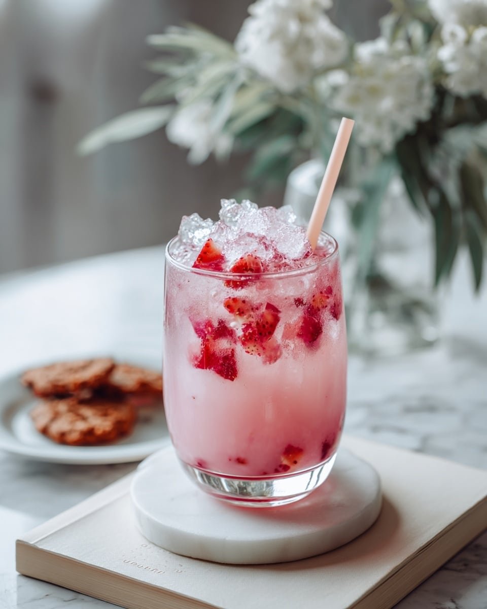 Strawberry Yakult Green Tea Refresher Recipe - Recipe Image — Strawberry Yakult Green Tea Refresher, green tea drinks, homemade fruit beverages, refreshing strawberry drinks, probiotic green tea beverages