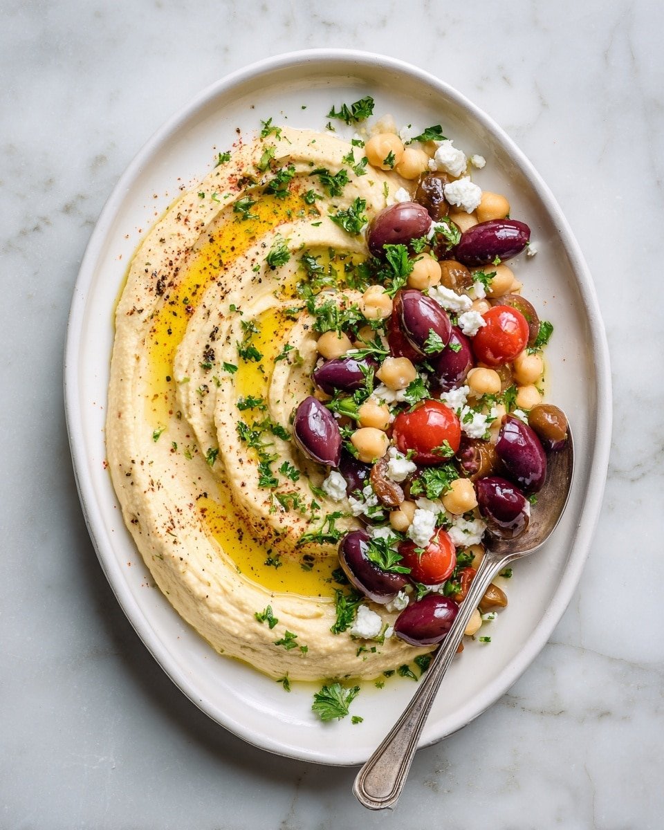 The dish is served on a large white oval plate with a smooth creamy hummus spread covering about half the plate. On top of the hummus is a drizzle of golden olive oil and a light dusting of orange paprika and black pepper. The other half of the plate is filled with a colorful mix of ingredients layered on top of each other: bright green parsley leaves, green and black olives, creamy white crumbled cheese, chickpeas, red grilled pepper pieces, and fresh red tomato wedges. A silver spoon rests on the edge of the plate, and the plate is placed on a rusty, rough-textured surface replaced with a white marbled texture. Photo taken with an iphone --ar 4:5 --v 7 — Loaded Hummus, loaded hummus recipe, Mediterranean hummus toppings, creamy hummus dip, easy hummus appetizer