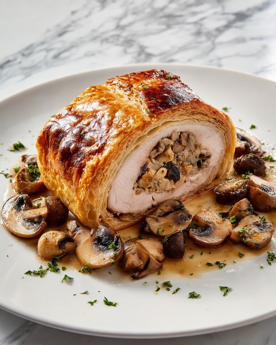 Filet Mignon en Croûte aux Champignons Recipe - Recipe Image — Filet Mignon en Croûte aux Champignons, French Beef Wellington, Elegant mushroom beef dish, Classic French filet recipe, Gourmet mushroom crust entrée