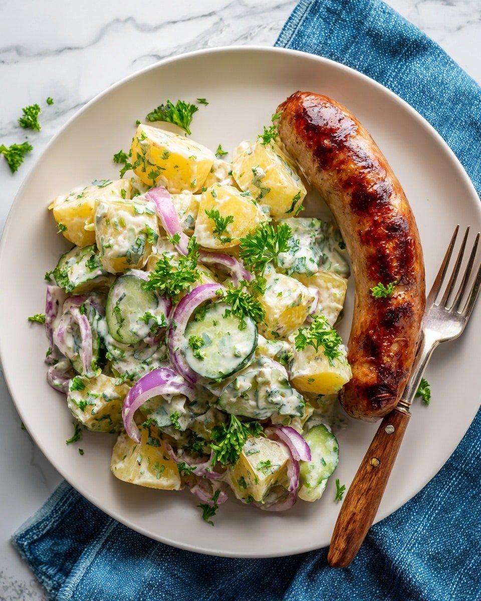 Potato Sausage Salad Recipe - Recipe Image — Potato Sausage Salad, easy sausage potato salad, savory potato sausage dish, quick sausage salad recipe, comforting potato salad with sausage