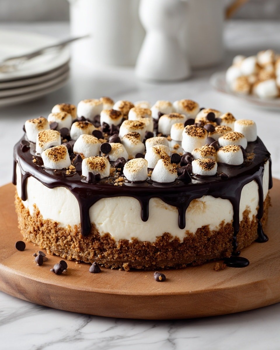 Decadent S’mores Cheesecake Recipe - Recipe Image — Decadent S’mores Cheesecake, s'mores dessert recipe, no-bake cheesecake with marshmallows, chocolate and graham cracker cheesecake, easy s'mores dessert