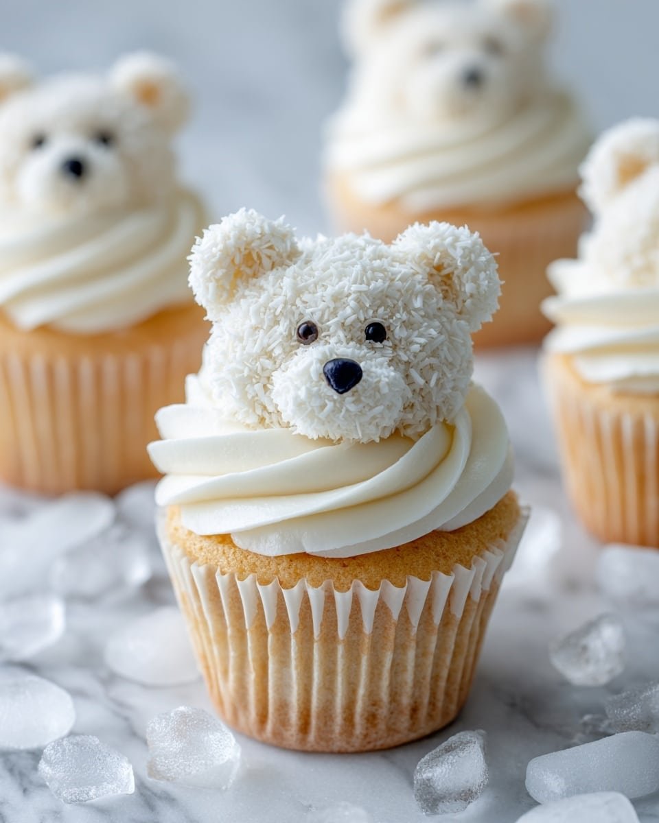 A vanilla cupcake is seen on a white marbled surface with a swirl of smooth white frosting on top. The frosting base is covered by fluffy white coconut flakes forming the textured fur of a polar bear head made from white fondant. The bear’s face has two round ears, black fondant eyes, and a black nose with a small line for the mouth. In the background, there are three more similar cupcakes blurred softly. Fake ice crystals are scattered on the surface around the cupcakes. Photo taken with an iphone --ar 4:5 --v 7 — Polar Bear Cupcakes, Polar Bear Cupcakes recipe, cute cupcake ideas, holiday baking treats, animal-themed cupcakes