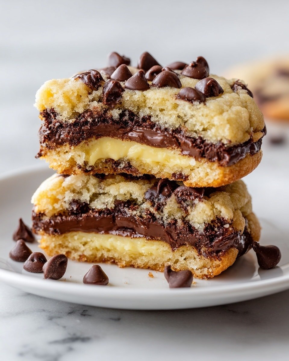 Two stacked cookies are shown on a white plate on a white marbled surface. Each cookie has three layers: the outer layer is golden brown with a rough, crumbly texture; inside that, there is a dark brown, smooth chocolate layer; the center layer is creamy with a light yellow color. The top cookie is broken in half to show these layers clearly. On top of each cookie, there are many dark brown chocolate chips scattered, and a few chocolate chips also lie on the plate around the cookies. photo taken with an iphone --ar 4:5 --v 7 — Cheesecake Stuffed Chocolate Chip Cookies, chocolate chip cookie recipes, cheesecake cookie filling, indulgent cookie recipes, baked treats with cheesecake