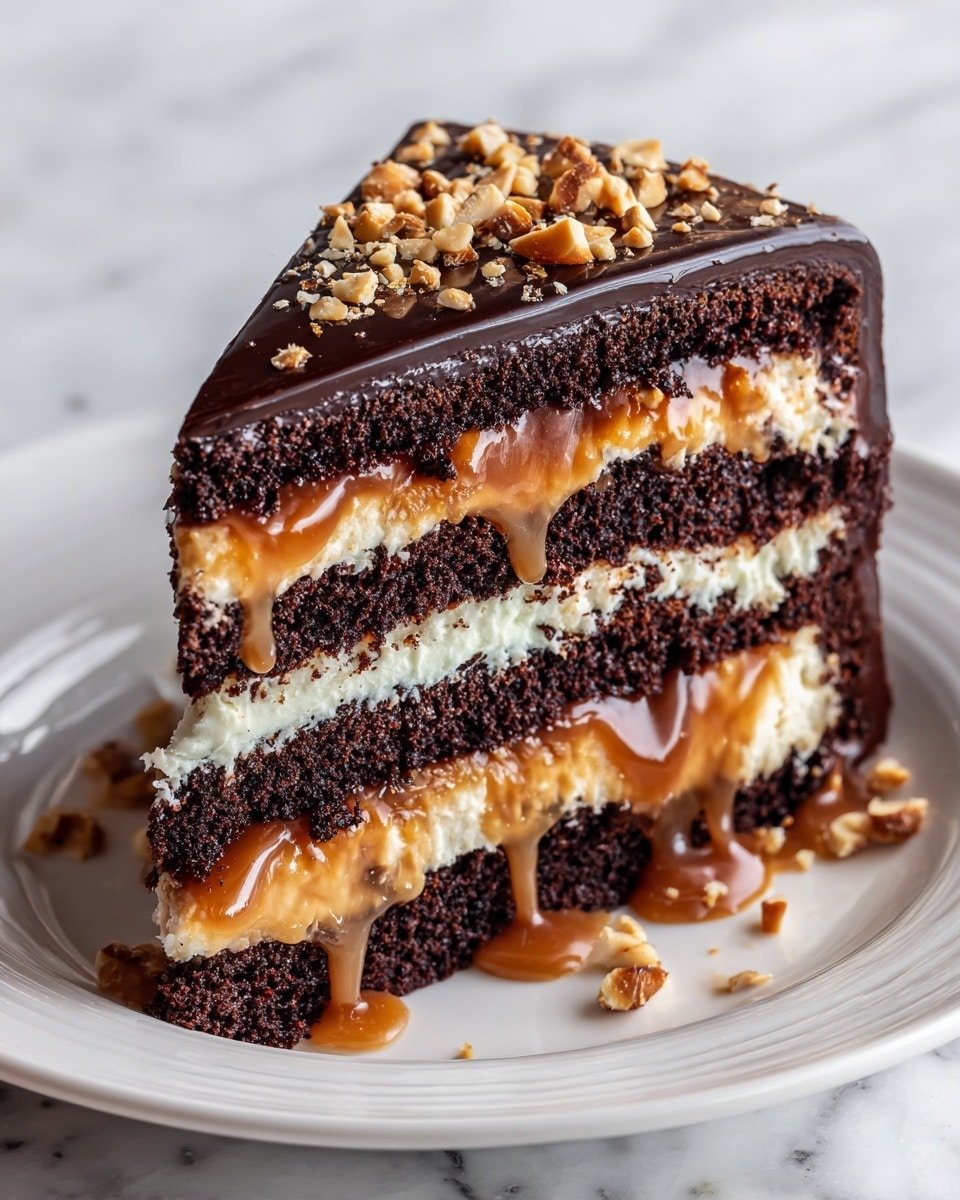 A slice of three-layer dark chocolate cake is shown on a white plate, with each cake layer looking moist and dense. Between the cake layers, there are thick layers of golden caramel and creamy white filling, with the caramel dripping down the sides in a glossy way. The top of the cake is covered with a smooth and shiny dark chocolate glaze, sprinkled with small pieces of chopped peanuts for texture. The plate sits on a white marbled surface. photo taken with an iphone --ar 4:5 --v 7 — Chocolate Snickers Cake, Snickers cake recipe, homemade chocolate cake with caramel, easy Snickers dessert, decadent chocolate cake with peanuts