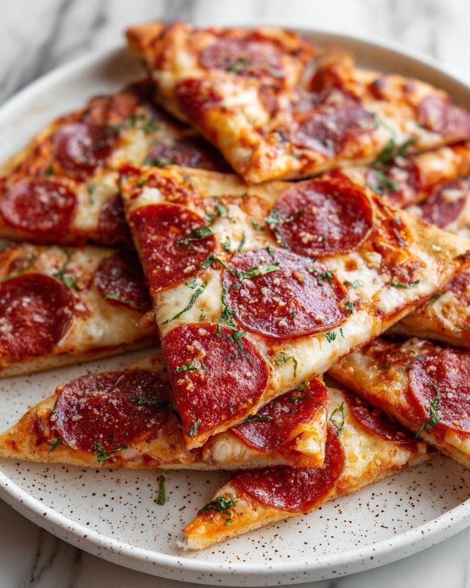 A plate full of many small triangular slices of pepperoni pizza stacked on top of each other. Each slice has a golden, slightly crispy crust edge, melted white cheese with small brown spots, and a few green herb bits sprinkled on top. Bright red pepperoni slices are spread across the pizza pieces, some lying flat and others slightly curled at the edges. The slices are arranged in a white plate with a speckled pattern, all sitting on a white marbled surface. photo taken with an iphone --ar 4:5 --v 7 — Cheesy Pepperoni Pizza Chips, cheesy pepperoni snack, pizza chips recipe, crispy pepperoni bites, quick snack ideas