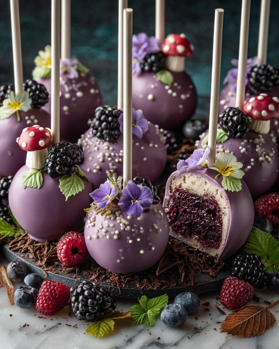 The image shows nine round pink cake pops standing upright on white sticks, each decorated with dark chocolate drizzle on top and small edible flowers in yellow, purple, and white, along with tiny green leaf-shaped decorations. Each cake pop sits on a black crumb base that looks like crushed cookies. They are arranged on a dark textured surface scattered with large bark pieces, brown crumbs, green fern leaves, and small mushroom-shaped decorations, creating a forest floor look. photo taken with an iphone --ar 4:5 --v 7 — Forbidden Forest Blackberry Cheesecake Pops, blackberry cheesecake pops recipe, chocolate-coated cheesecake pops, berry cheesecake dessert, easy cheesecake pops