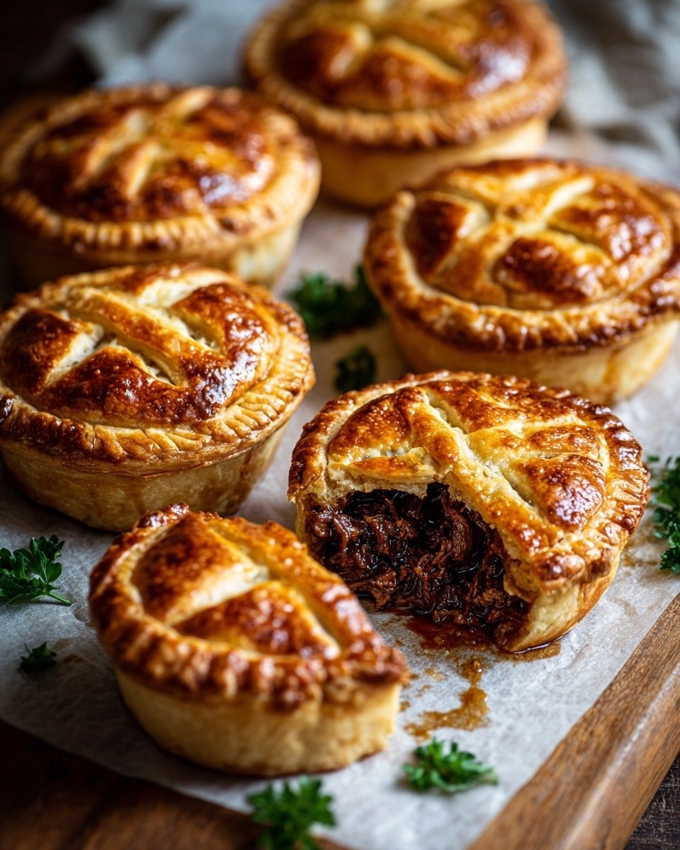 Seven small round meat pies with golden brown crusts are arranged closely on a wooden board. One pie in the front right has a bite taken out, showing a dark brown, chunky meat filling inside. The crusts have a slightly shiny, flaky texture with decorative edges and patterns on top. In the blurred background, there are small white bowls, one with a dark red sauce and another with a white sauce. A sprig of green herbs is placed behind the pies. The surface under the wooden board is a white marbled texture. photo taken with an iphone --ar 4:5 --v 7 — British Meat Pies Bolton Food & Drink Festival, traditional British meat pie recipe, savory meat pies with flaky pastry, homemade British pie recipe, festive British comfort food