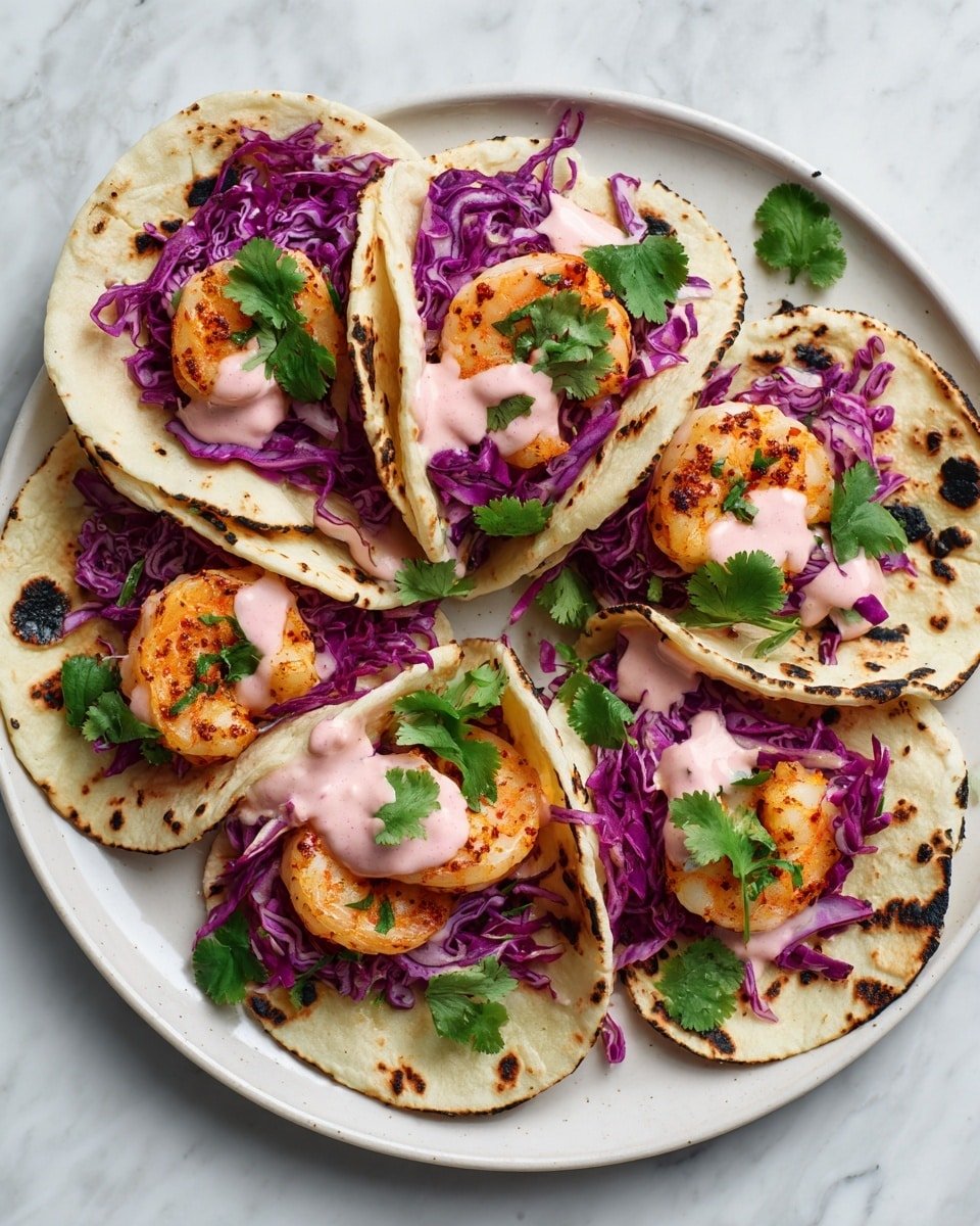 Four small tortillas are placed on a white plate with light charring marks on the edges. Each tortilla holds a layer of chopped purple cabbage, followed by several cooked shrimp with a pink-orange color and slight grill marks. The shrimp are topped with a drizzle of creamy pink sauce and sprinkled with chopped green cilantro leaves. The plate rests on a white marbled surface. photo taken with an iphone --ar 4:5 --v 7 — Bang Bang Shrimp Tacos, crispy spicy shrimp tacos, easy shrimp tacos, flavorful seafood tacos, restaurant-style taco recipes