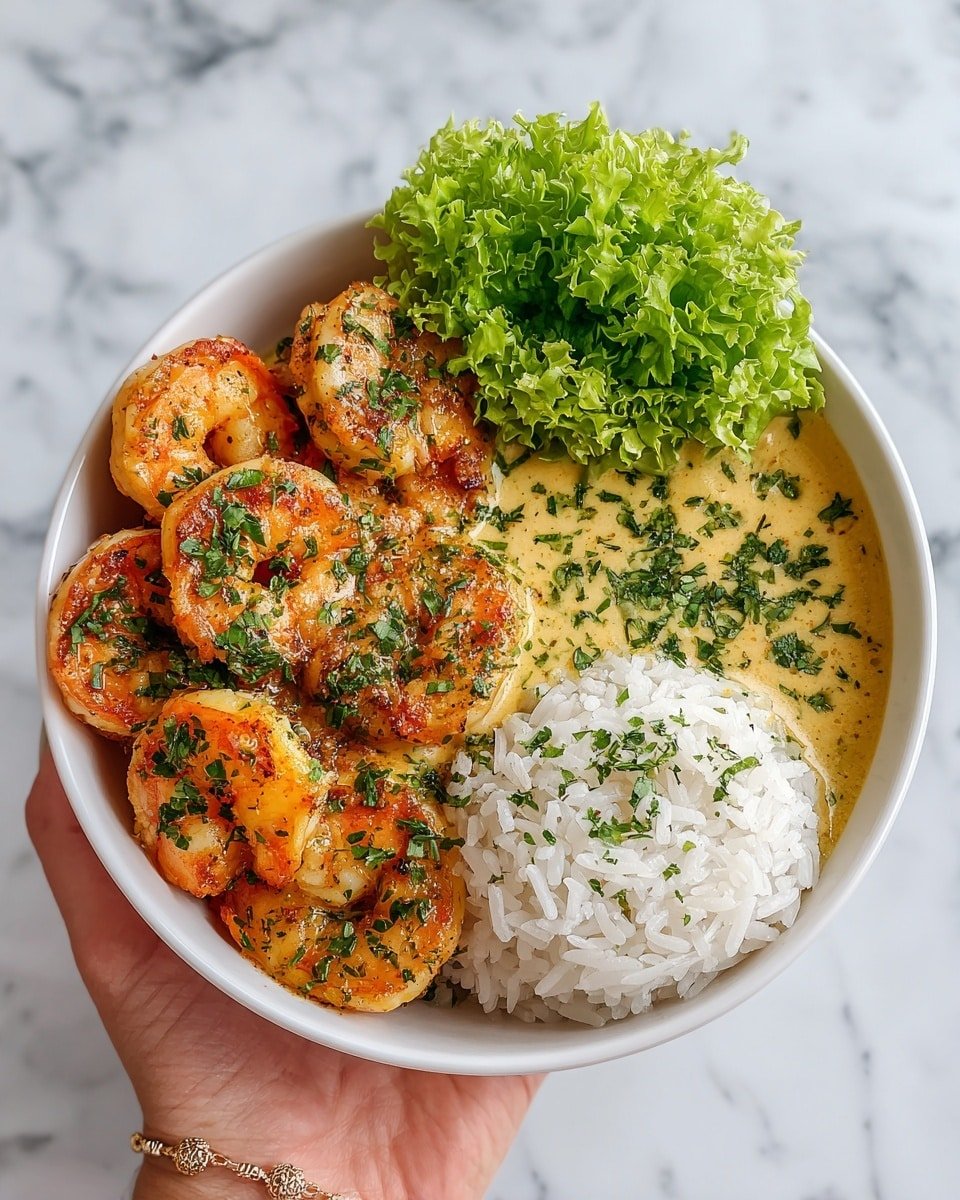 Garlic Butter Shrimp Bowl with Creamy Herb Rice Recipe - Recipe Image — Garlic Butter Shrimp Bowl with Creamy Herb Rice, shrimp and herb rice bowl, easy shrimp dinner, seafood rice bowl, flavorful garlic shrimp recipe