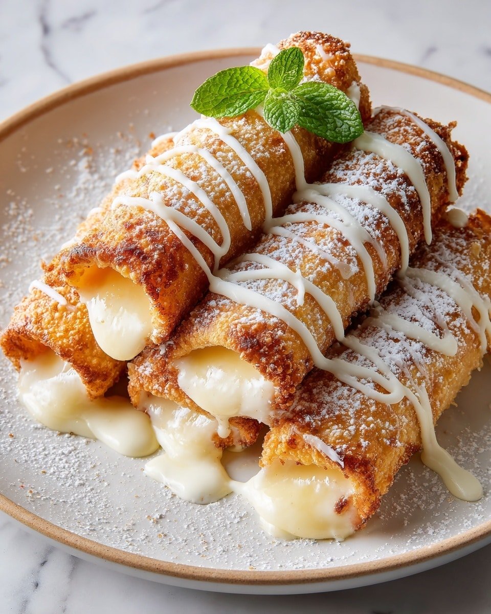 Peach Cobbler Egg Rolls with Cinnamon Sugar and Cream Cheese Drizzle Recipe - Recipe Image — Peach Cobbler Egg Rolls, Peach Cobbler Egg Rolls with Cinnamon Sugar and Cream Cheese Drizzle, Peach Dessert Egg Rolls, Crispy Peach Dessert, Cinnamon Peach Spring Rolls
