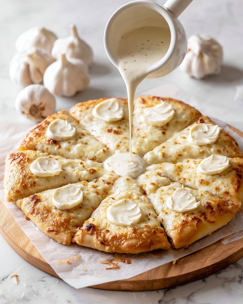 A round white pizza with a golden crust is shown on a wooden board with parchment paper underneath, on a white marbled surface. The pizza has a layer of melted cheese covering the base, dotted with nine small curved white dollops of garlic butter spread evenly in a circle near the edges. In the center, creamy white sauce is being poured from a white ladle, creating a smooth pool of sauce on top of the cheese. The background shows several garlic bulbs slightly out of focus. Photo taken with an iphone --ar 4:5 --v 7 — White Garlic Pizza Sauce, garlic pizza sauce, homemade pizza sauce, creamy garlic sauce, easy pizza sauce