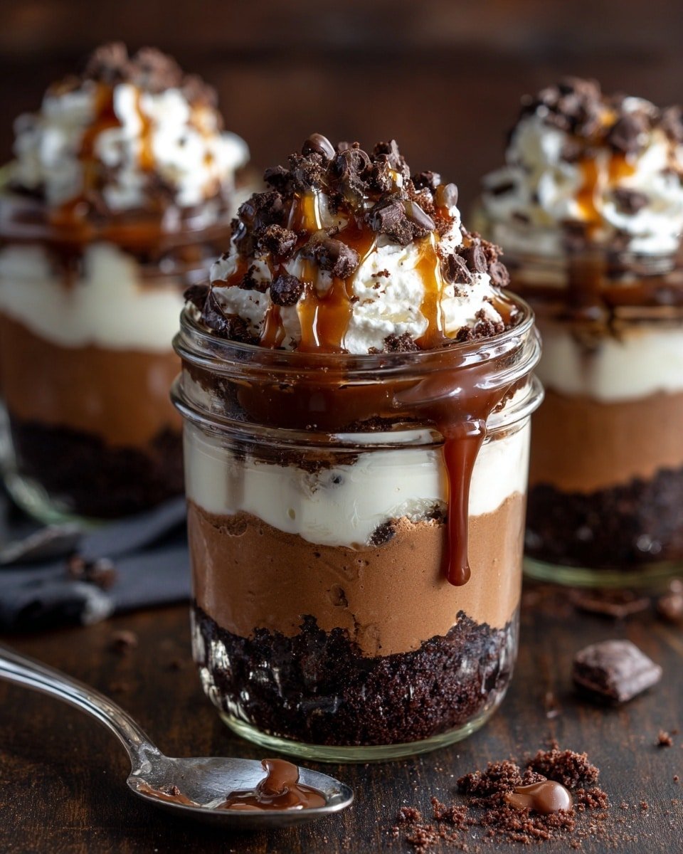 There are three clear glass jars filled with a dessert that has three layers. The bottom layer is dark and crumbly like crushed cookies or cake. The middle layer is a smooth, rich chocolate mousse with a creamy texture. On top of the mousse is another dark crumbly layer. The dessert is finished with a thick layer of white whipped cream, sprinkled with more dark crumbles, and drizzled with a light brown sauce that drips slightly down the sides of the jars. The jars are placed on a white marbled surface with scattered crumbs around them. Photo taken with an iphone --ar 4:5 --v 7 — Dulce de Leche and Chocolate Mousse Jars, chocolate mousse dessert, caramel and chocolate dessert, layered mousse jars, easy decadent dessert