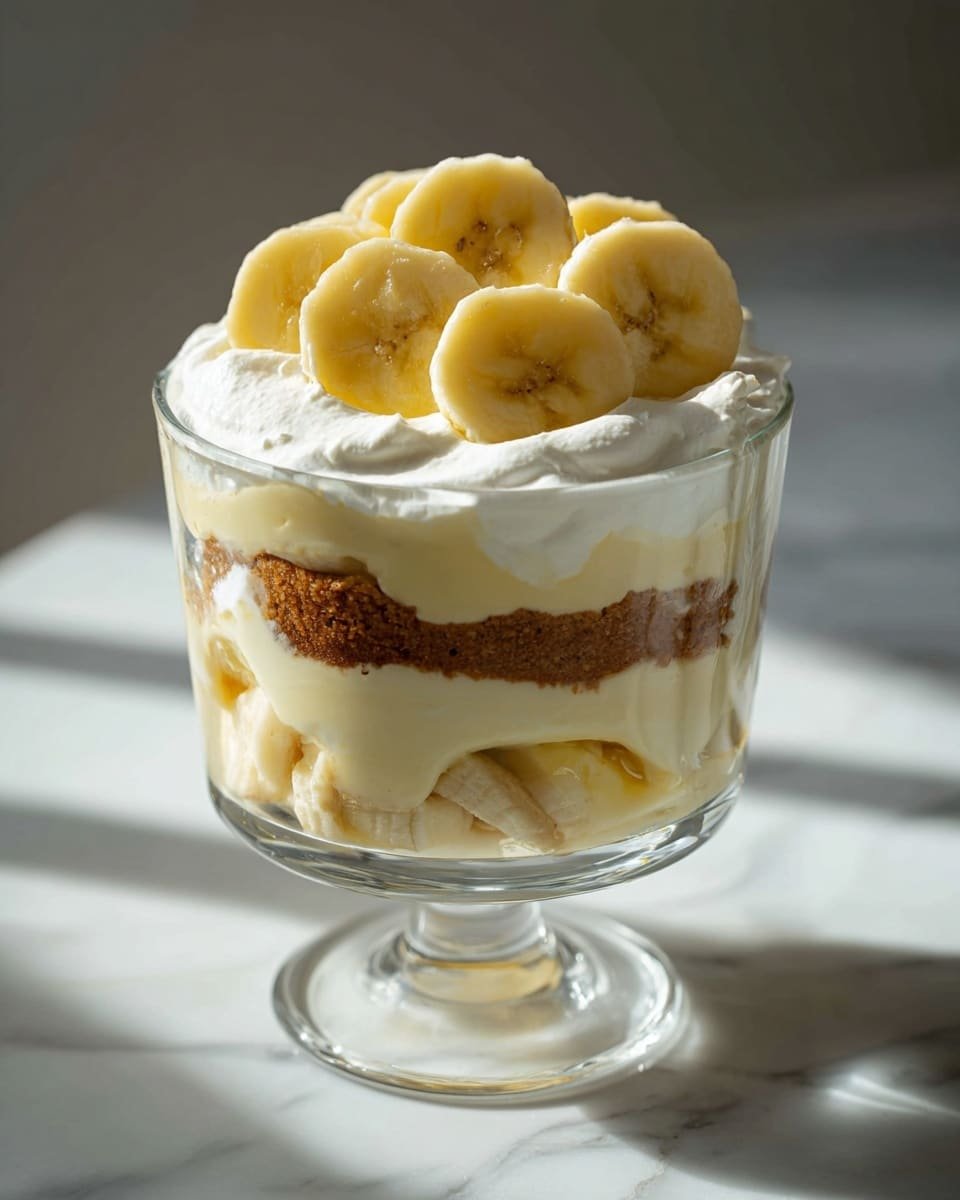 Easy Layered Banana Pudding Trifle Recipe - Recipe Image — Easy Layered Banana Pudding Trifle, banana pudding dessert, layered pudding recipe, banana pudding with wafers, quick banana dessert
