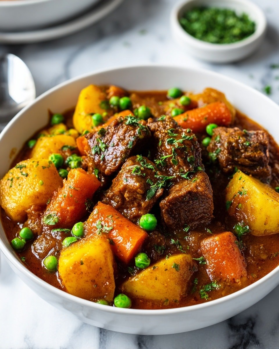 A blue bowl filled with a rich brown stew containing chunky pieces of dark brown beef, golden yellow potatoes, orange carrot segments, all covered with a shiny sauce. Small green herb sprigs are scattered on top, and a silver spoon rests inside the bowl. The bowl is on a white marbled surface. photo taken with an iphone --ar 4:5 --v 7 — Classic Beef Stew, hearty beef stew recipe, comforting beef stew, easy beef stew, slow cooker beef stew