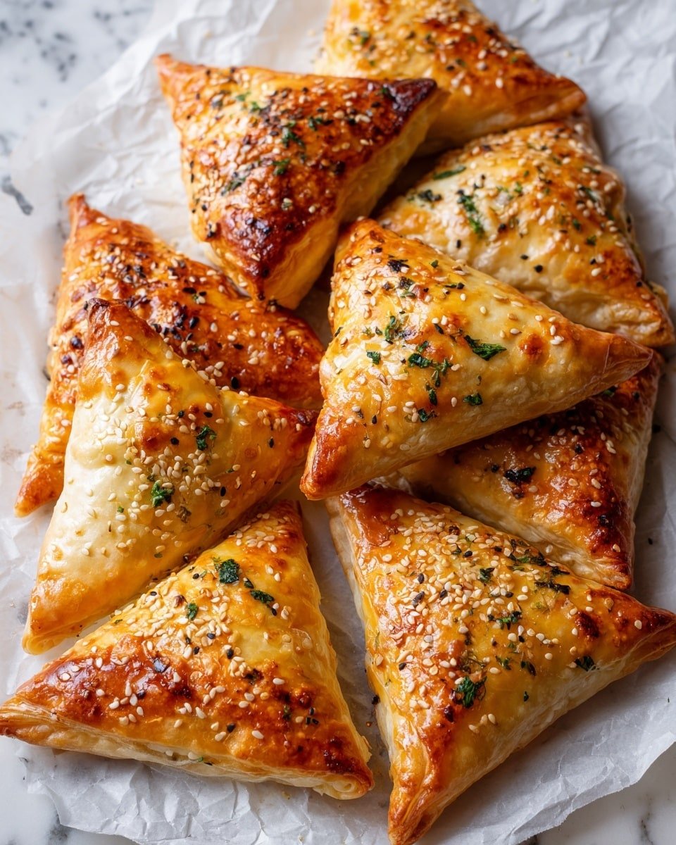 There are eight golden brown triangular pastries arranged closely on white crumpled baking paper. Each pastry has a flaky, layered texture with a shiny, crispy surface sprinkled with small toasted seeds and green dried herbs. The pastries show slightly darker baked spots, giving a warm, appetizing look, all placed on a wooden table with a white marbled texture underneath. Photo taken with an iphone --ar 4:5 --v 7 — Moroccan Spiced Chicken Briouats, Moroccan appetizer recipes, how to make briouats, Moroccan snack ideas, flavorful chicken pastries