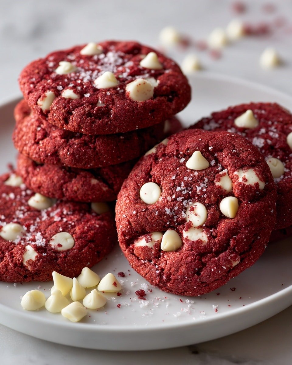 The image shows a stack of three red velvet cookies with white chips embedded in them, placed on a piece of crumpled parchment paper. The cookies have a deep red color with a slightly cracked texture on the surface, and the white chips are spread evenly on each cookie, some partly melted. Around the cookies, a few white chips are scattered on a dark surface with a few red crumbs sprinkled nearby. In the blurred background, more cookies are visible, showing the same texture and color. The whole scene is on a white marbled textured surface. photo taken with an iphone --ar 4:5 --v 7 — Red Velvet Chocolate Chip Cookies, Red Velvet Cookies, Chocolate Chip Cookies, Festive Cookies, Easy Cookie Recipes