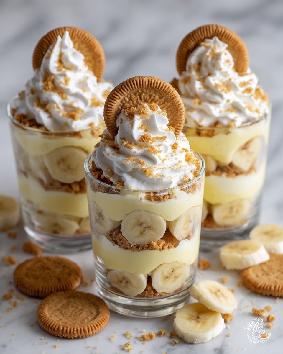 Three clear glass cups are filled with layered banana pudding on a white marbled surface. Each cup has four layers: the bottom layer is light yellow pudding, followed by round banana slices, then a layer of crushed golden brown cookies, and another layer of pudding above. On top of each cup, there is a large swirl of white whipped cream sprinkled with crushed cookie crumbs and a whole golden brown cookie placed upright. Around the cups, there are some scattered cookie crumbs and banana slices visible. The photo taken with an iphone --ar 4:5 --v 7 — Easy Banana Pudding Cups, banana pudding dessert, individual pudding servings, quick banana pudding, homemade banana pudding