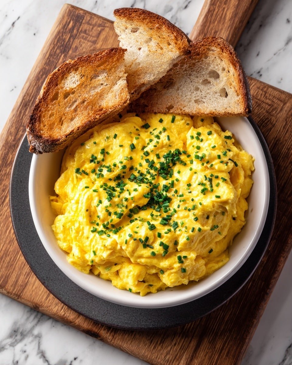 Scrambled Eggs with Cheddar Cheese and Chives Recipe - Recipe Image — Scrambled Eggs with Cheddar Cheese and Chives, cheesy scrambled eggs, easy breakfast ideas, quick egg recipes, savory eggs with herbs