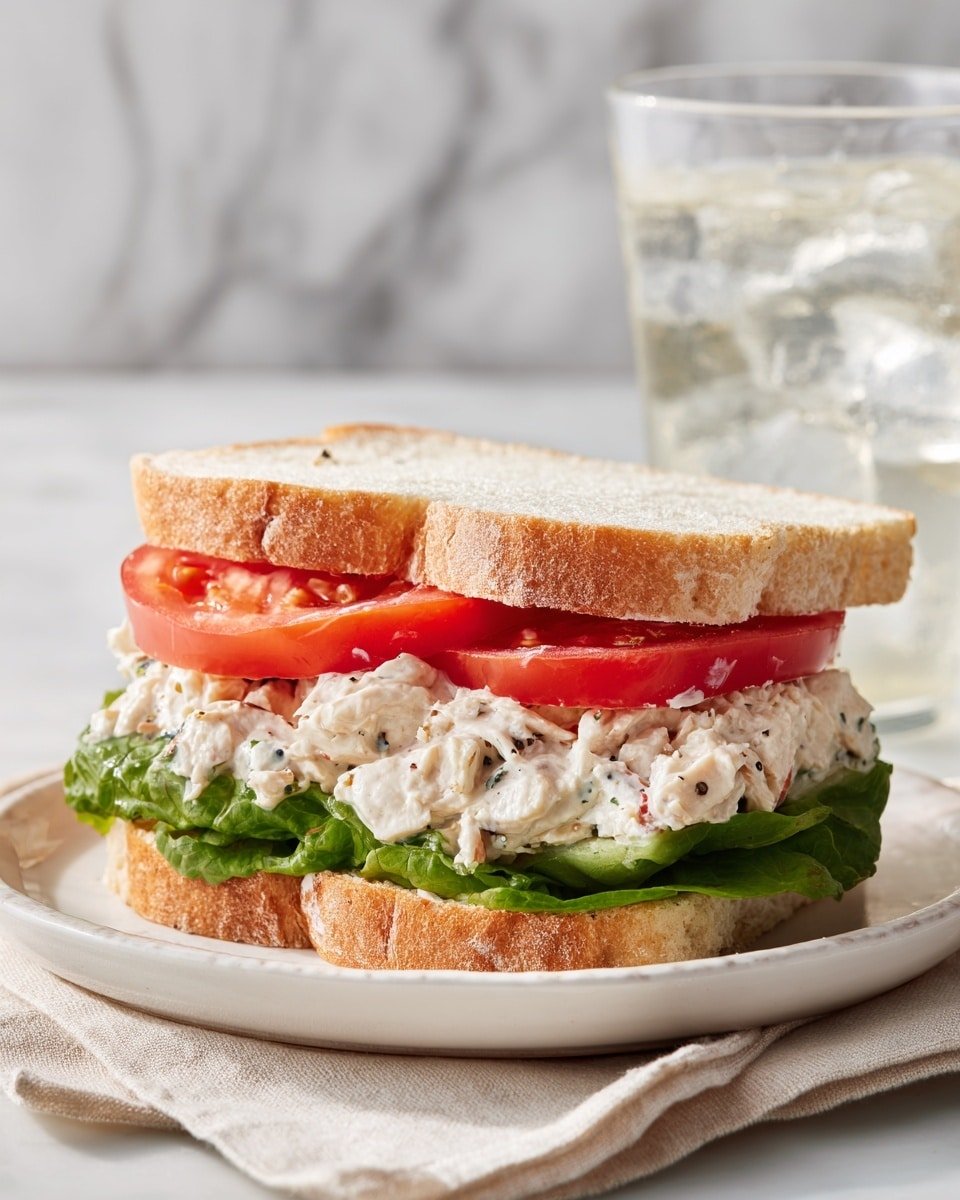 A white plate holds a sandwich cut into halves and stacked. The bottom and top layers are thick slices of white bread with a soft texture. Between the bread, there are two layers of fresh green leafy lettuce that look crisp and bright. On top of the lettuce, there are thick slices of red tomato. Below the tomato, there is a creamy mixture of tuna salad with small bits of herbs visible, giving it a slightly textured look. The plate is placed on a white marbled surface with a neutral cloth beneath, and in the background, a clear glass of water is softly out of focus. photo taken with an iphone --ar 4:5 --v 7 — Tuna Salad Toast, Tuna Salad Toast Recipe, easy tuna toast, quick lunch ideas, healthy tuna snack
