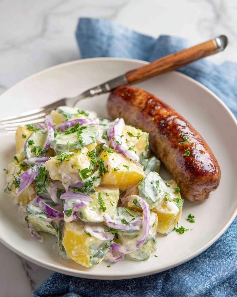 Potato Sausage Salad Recipe - Recipe Image — Potato Sausage Salad, easy sausage potato salad, savory potato sausage dish, quick sausage salad recipe, comforting potato salad with sausage