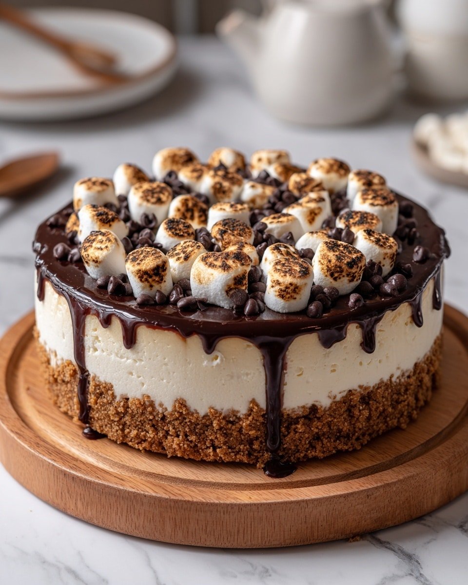 Decadent S’mores Cheesecake Recipe - Recipe Image — Decadent S’mores Cheesecake, s'mores dessert recipe, no-bake cheesecake with marshmallows, chocolate and graham cracker cheesecake, easy s'mores dessert