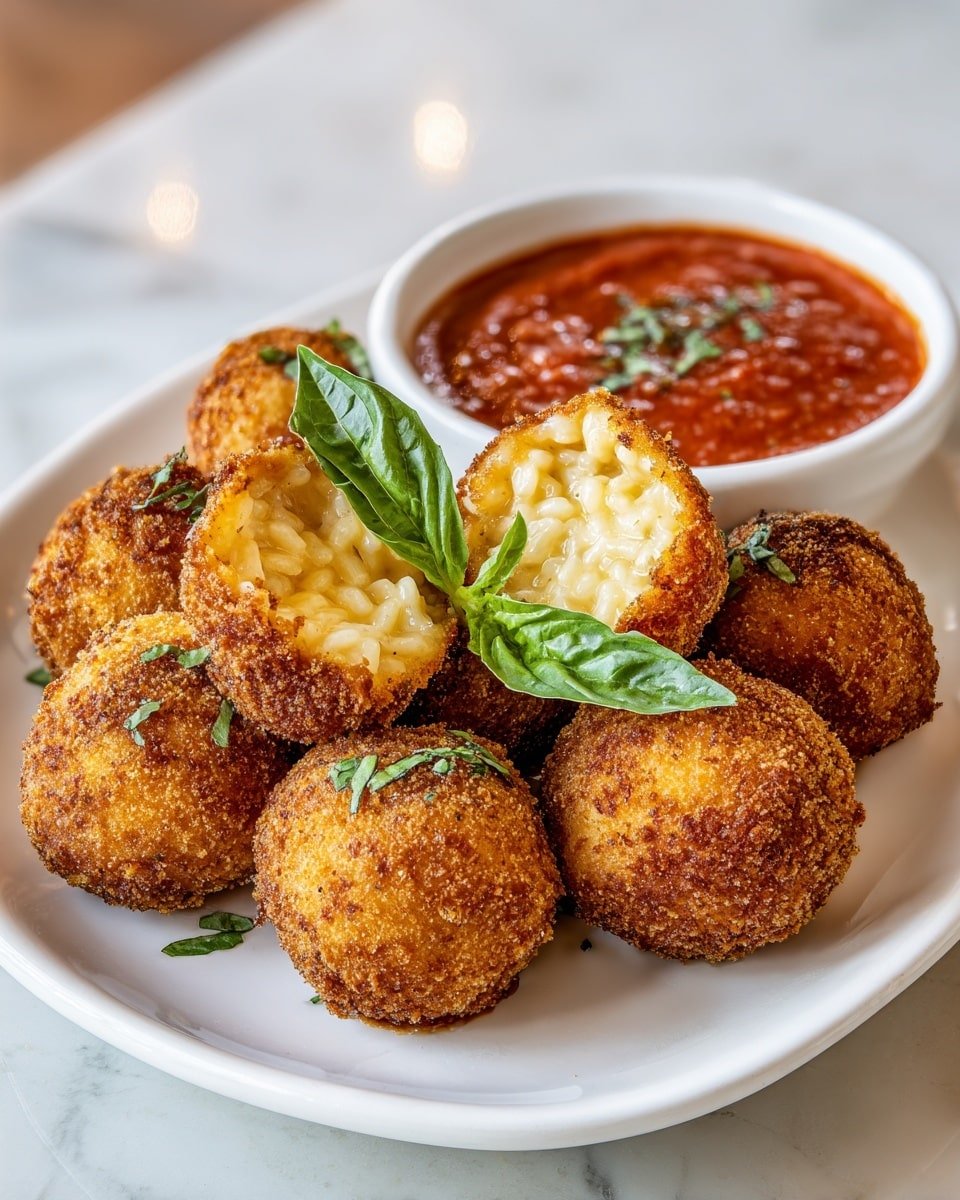 Crispy Arancini Italian Rice Balls with Marinara Dipping Sauce Recipe - Recipe Image — Crispy Arancini Italian Rice Balls with Marinara Dipping Sauce, Italian Rice Ball Recipes, Crispy Risotto Balls, Homemade Arancini, Easy Italian Appetizer