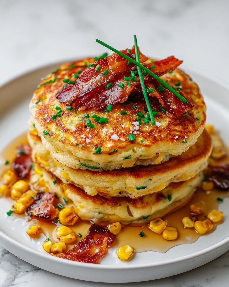 A stack of three golden brown pancakes with corn kernels and herbs visible inside each layer, placed on a white plate on a white marbled surface. The top pancake is decorated with small green chopped chives scattered around, two thin slices of crispy reddish-brown bacon, coarse salt crystals, and three long green chives laid across the bacon. Around the base of the stack are pieces of bacon and corn with a light syrup or glaze pooling slightly on the plate. The pancakes have a slightly crispy texture on the outside and look fluffy inside. Photo taken with an iphone --ar 4:5 --v 7 — Bacon and Corn Griddle Cakes with Maple Syrup, Corn Pancakes with Bacon, Breakfast Cake Recipes, Easy Brunch Recipes, Maple Syrup Pancakes
