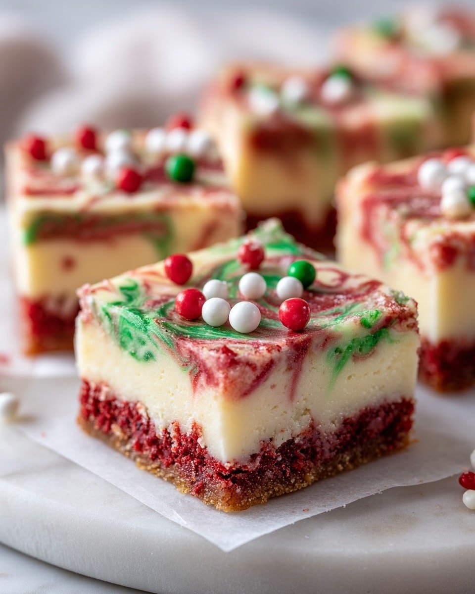 The image shows square dessert bars arranged on white parchment paper over a round white plate. Each dessert square has three layers: a bottom red crumbly layer with some white bits, a thick creamy white middle layer, and a swirled top layer with red and green colors mixed in a marbled pattern. The top of each square is decorated with small red, white, and green round sprinkles in varying sizes, adding a festive look. The white marbled surface background is softly blurred. photo taken with an iphone --ar 4:5 --v 7 — Christmas Fudge, festive holiday fudge, easy Christmas fudge recipe, holiday chocolate fudge, Christmas treat ideas