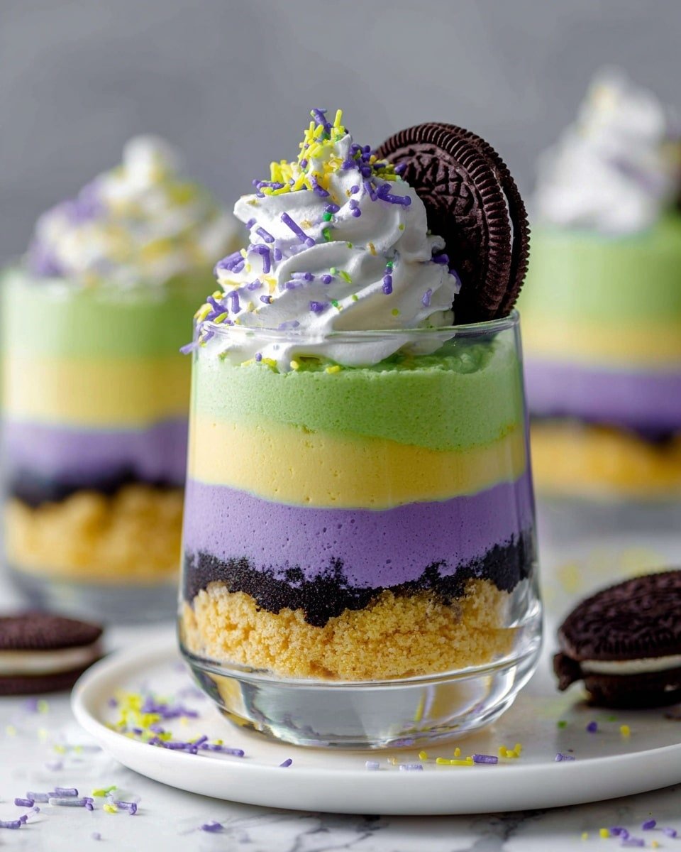 Three clear glass cups are shown with layered desserts on a white marbled surface, placed on a white plate. Each cup has five distinct layers: starting at the bottom with a yellow cake layer, followed by a bright green creamy layer, then a thin dark cookie crumb layer, a thick purple creamy layer, topped by another yellow cake layer, and finished with a smooth green creamy layer. On top of each cup there is a large swirl of white whipped cream, decorated with green and purple sprinkles, and a small dark chocolate sandwich cookie pressed into the side of the whipped cream. Additional cookies and sprinkles are scattered around the white plate. photo taken with an iphone --ar 4:5 --v 7 — Ghoulishly Fun Beetlejuice Mini Trifles, Halloween dessert ideas, spooky Halloween treats, layered mini trifles, festive seasonal desserts