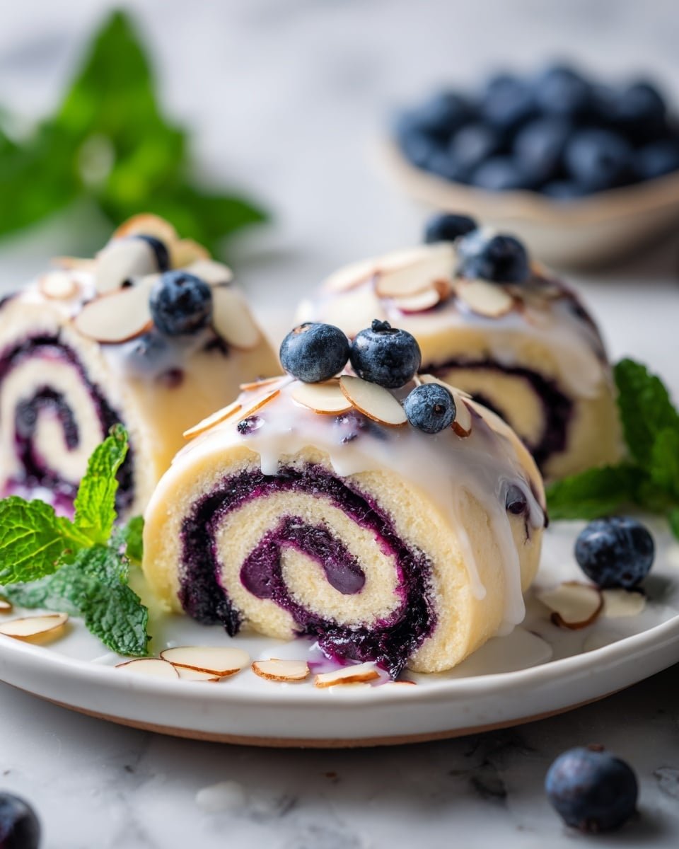 The image shows three spiral rolls on a white plate, each roll made of a pale yellow cake layer wrapped around a deep purple blueberry filling, creating a clear swirl pattern. The rolls are topped with a light white glaze that drips down the sides and scattered toasted white almond slices. Fresh dark blue blueberries and green mint leaves are placed around the rolls on the white marbled surface, adding contrast. The background is softly blurred with more blueberries visible, focusing attention on the front roll. Photo taken with an iphone --ar 4:5 --v 7 — Blueberry Cheesecake Rolls, blueberry pastry recipes, easy breakfast treats, crescent roll desserts, fruit-filled cheesecake rolls