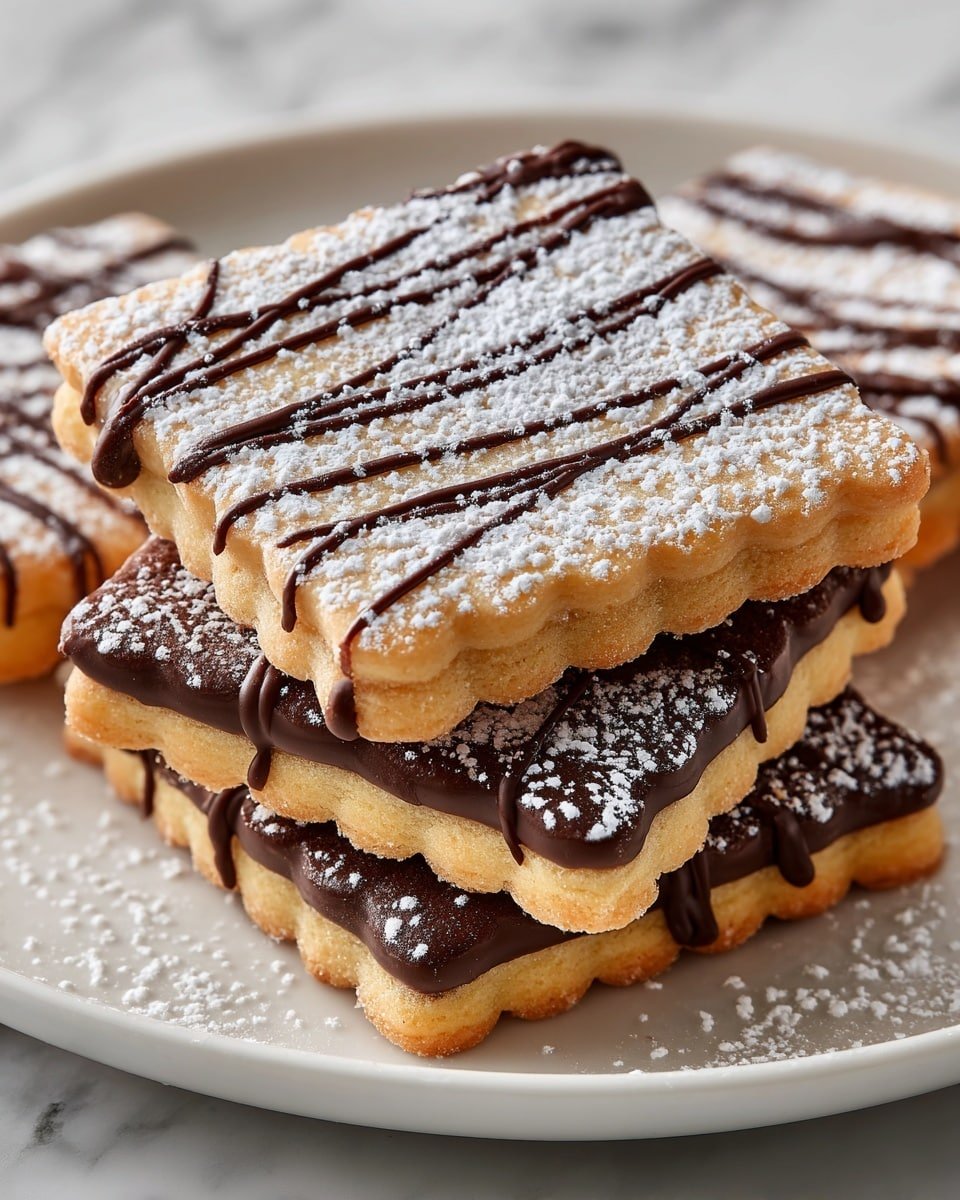 The image shows a stack of four rectangular cookies with scalloped edges on a white square plate placed on a white marbled surface. Each cookie is dusted with white powdered sugar and decorated with three diagonal lines of dark chocolate drizzle across the top. The cookies have varying tones; the top two are light golden brown and the bottom two are a darker golden brown, giving a sense of crispiness. The texture of the cookies looks slightly crumbly and soft, with the chocolate adding a smooth contrast. photo taken with an iphone --ar 4:5 --v 7 — Almond Paste Cookies with Dark Chocolate and Sliced Almond Topping, almond paste cookies, chocolate glazed almond cookies, festive almond cookies, easy almond slice cookies