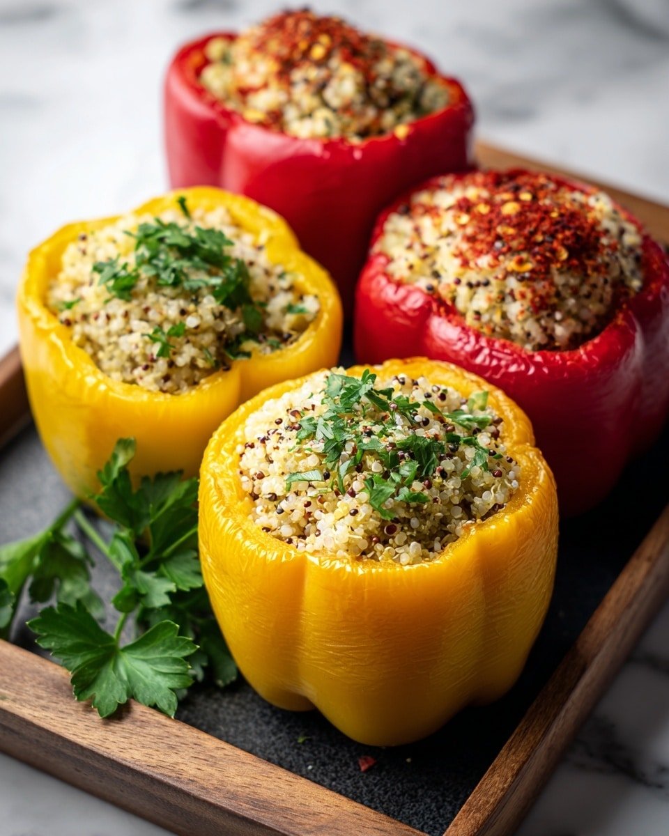 The image shows four stuffed bell pepper halves arranged on a dark serving tray with a wooden edge. The two visible peppers in front are yellow with three layers: the outer yellow bell pepper shell, a middle layer of light-colored fluffy grain or rice mixed with small black and white seeds, and a top layer sprinkled with green chopped herbs and crushed red pepper flakes. Behind them are two red stuffed bell pepper halves with the same layered stuffing and seasoning. Bright green parsley leaves are scattered around the tray on a white marbled surface in the background. The close-up shot captures fine textures and vibrant colors, photo taken with an iphone --ar 4:5 --v 7 — Stuffed Mini Sweet Peppers with Ground Meat and Cheese, stuffed mini peppers recipe, savory stuffed peppers, cheesy stuffed mini peppers, easy stuffed pepper appetizer