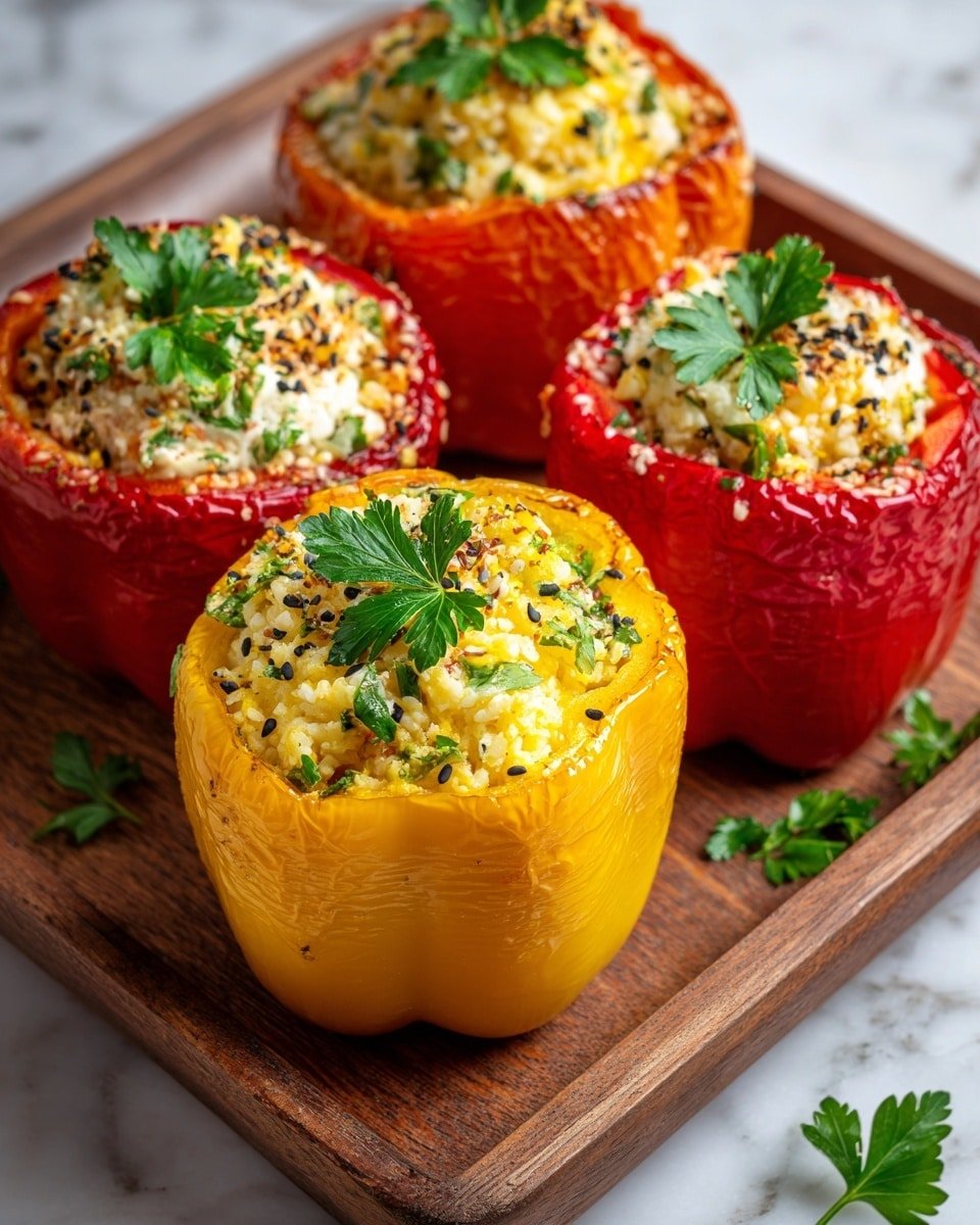 The image shows colorful stuffed bell peppers placed on a wooden tray. Each pepper is halved and filled with a mixture that looks soft and fluffy with a light grainy texture, topped with small seeds and finely chopped green herbs. The peppers come in red and yellow colors, with the yellow pepper in the front showing a slight roasted texture on the edges. Each pepper has a green parsley leaf on top and is sprinkled with small black and white seeds. There are extra green herb leaves scattered around the tray. The background is a white marbled texture. photo taken with an iphone --ar 4:5 --v 7 — Stuffed Mini Sweet Peppers with Ground Meat and Cheese, stuffed mini peppers recipe, savory stuffed peppers, cheesy stuffed mini peppers, easy stuffed pepper appetizer