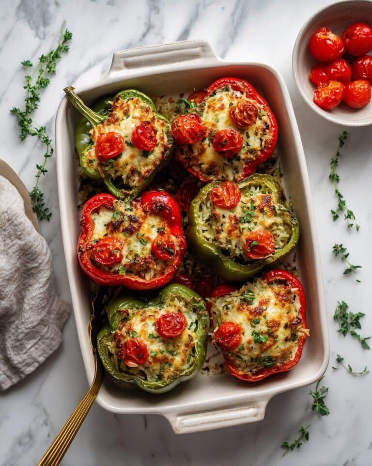 Vegetarian Stuffed Bell Peppers with Lemon Herb Cherry Tomato Topping Recipe