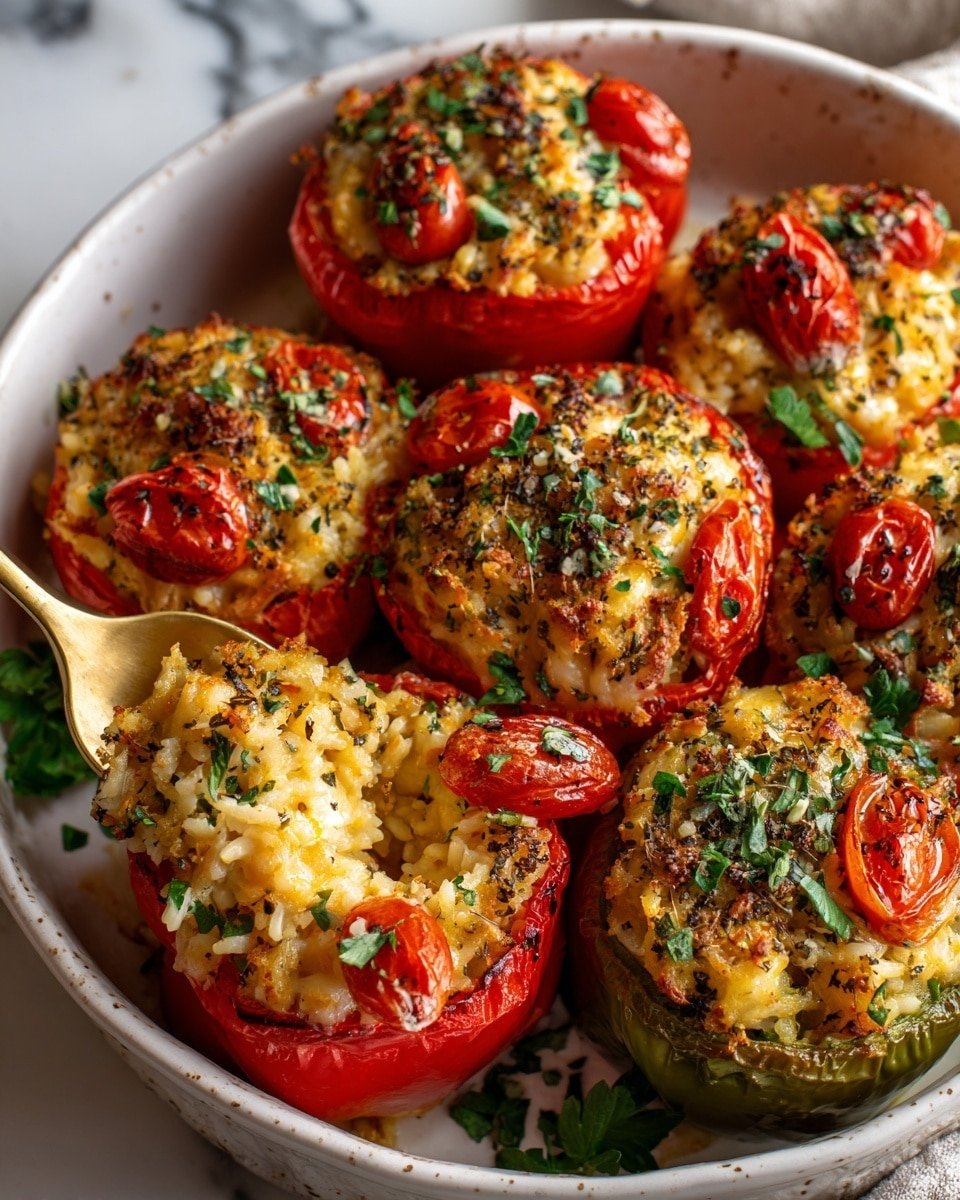 Vegetarian Stuffed Bell Peppers with Lemon Herb Cherry Tomato Topping Recipe - Recipe Image — Vegetarian Stuffed Bell Peppers, Stuffed Bell Peppers with Lemon Herb Cherry Tomato Topping, Colorful Vegetarian Dinner, Healthy Stuffed Bell Peppers, Easy Vegetarian Recipes