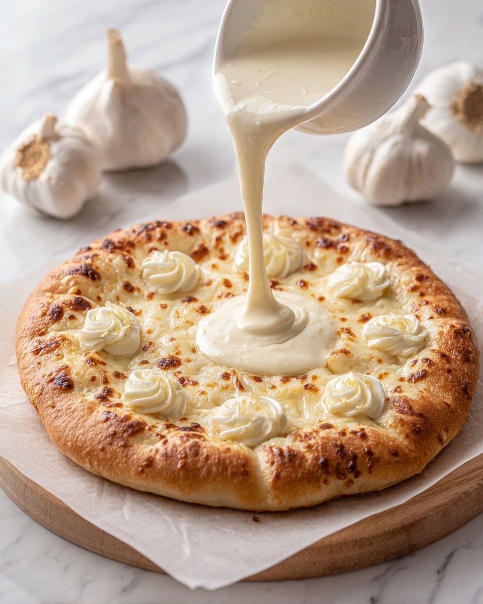 A close-up view of a pizza on a wooden board with a thick, golden brown crust showing crispy browned spots. The pizza has one main layer of melted white cheese covering the surface, topped with small dollops of creamy white sauce placed evenly across it. Black pepper and tiny green herb leaves are sprinkled over the cheese. Above, a creamy sauce is being poured onto the pizza in a thick stream, sending tiny droplets and salt crystals falling around it. The background has whole garlic bulbs slightly out of focus, all set on a white marbled texture. Photo taken with an iphone --ar 4:5 --v 7 — White Garlic Pizza Sauce, garlic pizza sauce, homemade pizza sauce, creamy garlic sauce, easy pizza sauce
