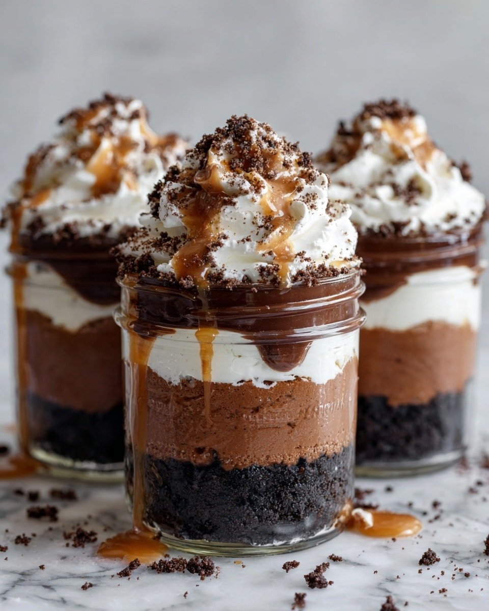 Dulce de Leche and Chocolate Mousse Jars Recipe - Recipe Image — Dulce de Leche and Chocolate Mousse Jars, chocolate mousse dessert, caramel and chocolate dessert, layered mousse jars, easy decadent dessert