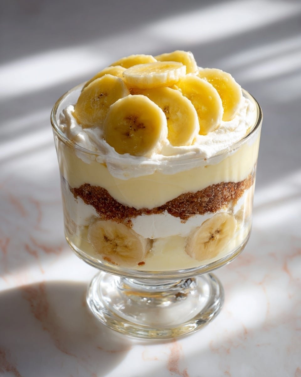 Easy Layered Banana Pudding Trifle Recipe - Recipe Image — Easy Layered Banana Pudding Trifle, banana pudding dessert, layered pudding recipe, banana pudding with wafers, quick banana dessert