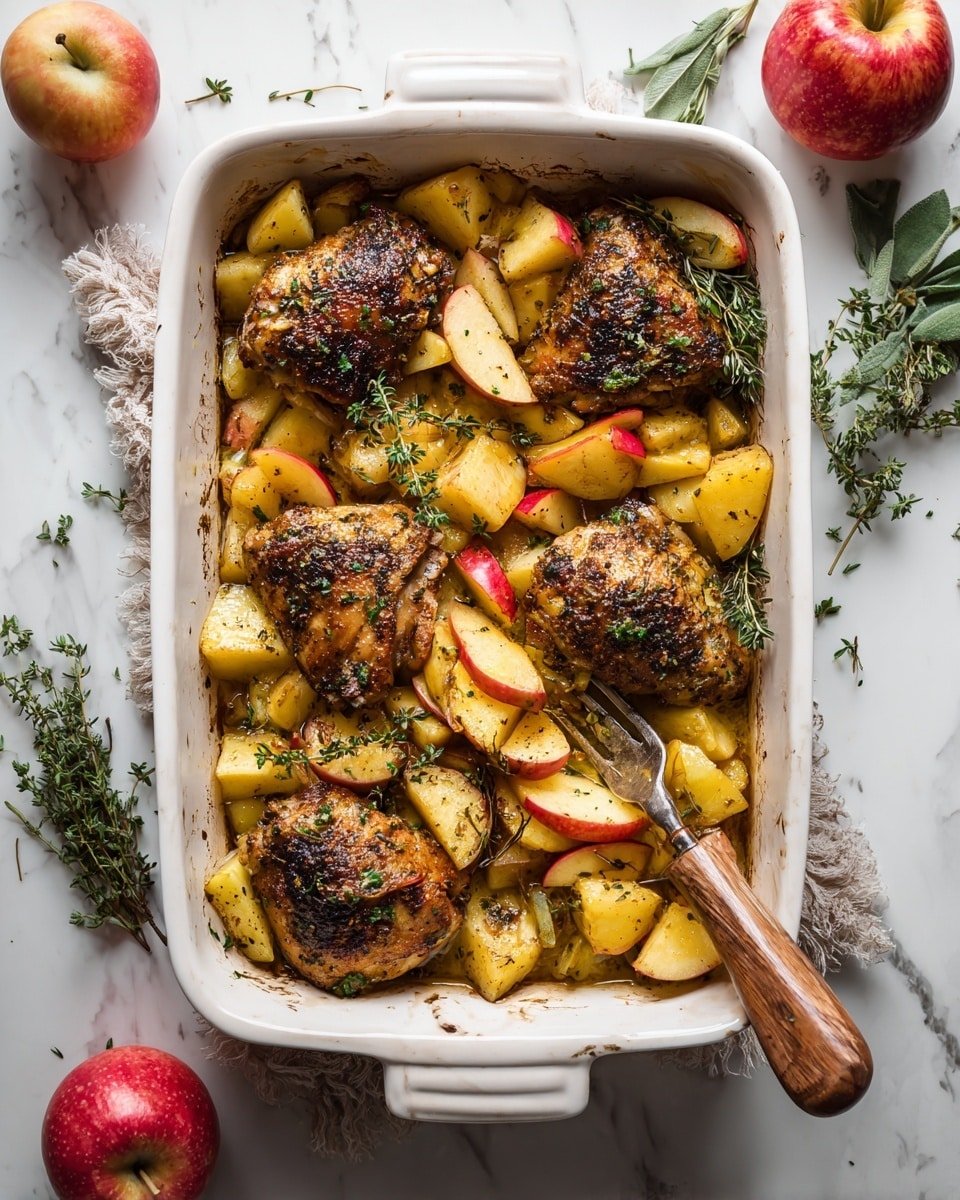 A white baking dish filled with four pieces of cooked dark brown chicken coated with herbs and spices, surrounded by golden roasted potato chunks. Red and yellow apple slices are scattered on top and around the chicken and potatoes. A wooden-handled fork sticks into the chicken on the right side, lifting a piece. The dish sits on a white marbled surface with scattered green herbs and whole red apples nearby. photo taken with an iphone --ar 4:5 --v 7 — Baked Apple Honey Dijon Chicken Breasts, Chicken dinner recipes, Easy baked chicken, Apple chicken skillet, Juicy baked chicken recipes
