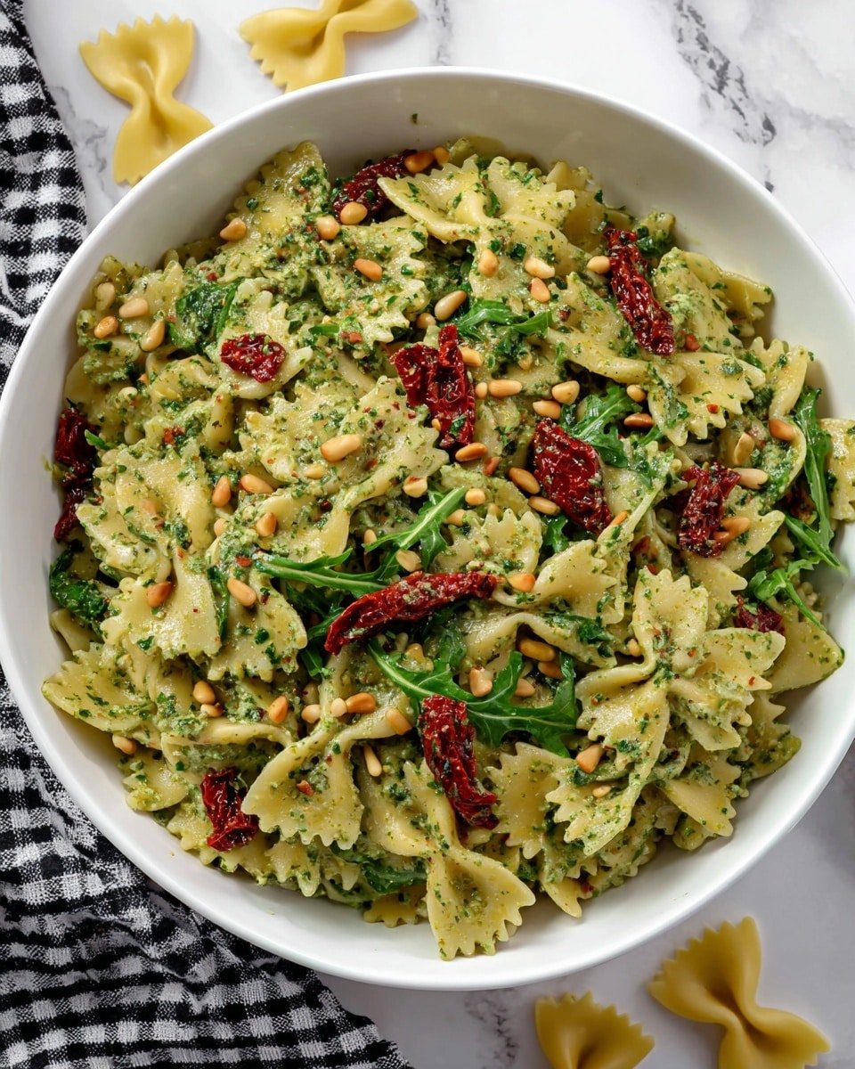 A large white bowl is filled with farfalle pasta coated in creamy green pesto sauce. Scattered among the pasta are bright red pieces of sun-dried tomatoes and dark green fresh arugula leaves, adding pops of color. Toasted pine nuts spread on top add texture and a light brown contrast. The pasta has a slightly glossy look, showing it is well mixed with the sauce. The bowl sits on a white marbled surface with a black and white checkered cloth partially visible in the background. A few uncooked farfalle pasta pieces lie near the bowl. photo taken with an iphone --ar 4:5 --v 7 — Vegan Cashew Pesto Pasta Salad, vegan pasta salad, healthy vegan pasta recipes, plant-based pasta salad, vegan summer salad